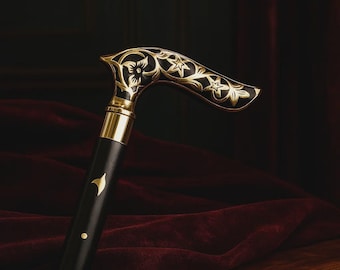 Elegant Brass & Black Walking Cane – Handcrafted Wooden Stick with Ornate Floral Handle |