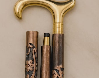 Brass Handle Wooden Walking Stick – Hand-Carved Foldable Cane with Floral Design for Men & Women