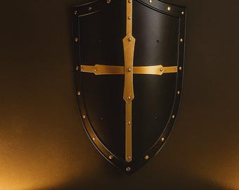 Medieval Knight Shield – Black & Gold Crusader Cross Armor – Decorative Wall Shield
