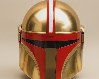 Mandalorian Style Gold & Red Helmet | Cosplay Collectible Armor | Star-Inspired Sci-Fi Helmet Prop Replica