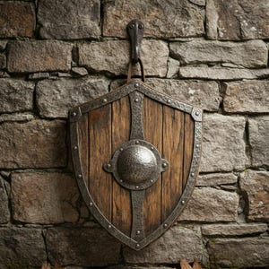 Puede incluir: Un escudo construido con tablones de madera de color marrón oscuro en posición vertical, reforzado con un borde de metal martillado y un umbo circular central de metal. El escudo cuelga de un gancho metálico mediante una correa de cuero.