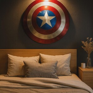 May include: A Captain America shield, red, white, and blue, hangs above a bed with beige bedding and pillows. The shield is circular with a white star in a blue circle at the centre. A wooden bedside table with a vase and candle is next to the bed.