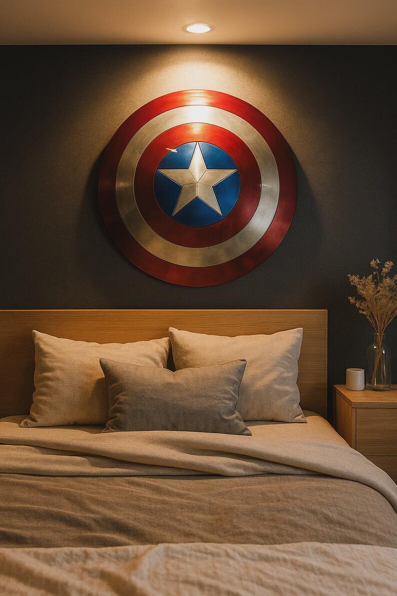 May include: A Captain America shield, red, white, and blue, hangs above a bed with beige bedding and pillows. The shield is circular with a white star in a blue circle at the centre. A wooden bedside table with a vase and candle is next to the bed.