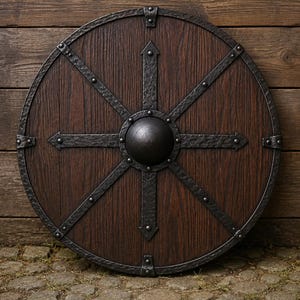Op de afbeelding: Een rond houten schild met donkerbruine houtnerf. Het schild is versterkt met geklonken, donkere metalen banden en een centrale schildknop. De metalen banden vormen een kruisvormig patroon. Geschikt voor historische re-enactment of tentoonstelling.