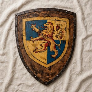 May include: A wooden heater shield featuring a painted heraldic lion in gold and red on a split blue and yellow background. The shield has a dark, weathered wood grain finish and is bordered by a dark metal rim secured with visible silver rivets.