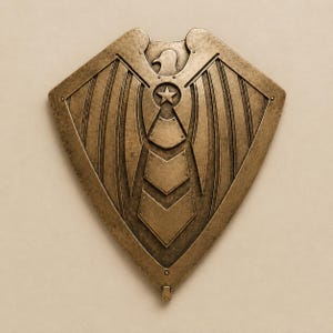 May include: A bronze-colored shield with an eagle emblem. The shield has a diamond shape with an eagle at the top, a star in the center, and layered chevron shapes below. The wings are detailed with vertical lines.