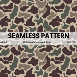 Pode incluir: Padrão de camuflagem sem costura em tons de castanho, verde e bege. O design apresenta formas orgânicas irregulares. O texto "SEAMLESS PATTERN" é exibido na imagem, juntamente com "Camo PNG", "Unlimited Commercial Use" e "300 DPI".