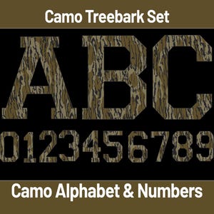 May include: A digital graphic set titled Camo Treebark Set featuring the letters A, B, and C followed by the numbers 0 through 9. Each character is rendered in a block font with a brown and green treebark camouflage pattern against a black background.