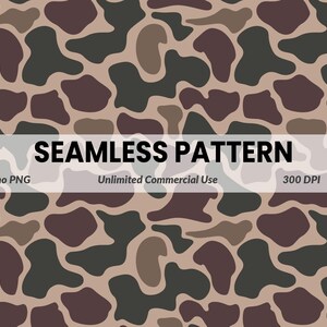 May include: Seamless camouflage pattern in shades of brown, green, and tan. The design features irregular, organic shapes. The text "SEAMLESS PATTERN" is displayed across the image, along with "Camo PNG", "Unlimited Commercial Use", and "300 DPI".