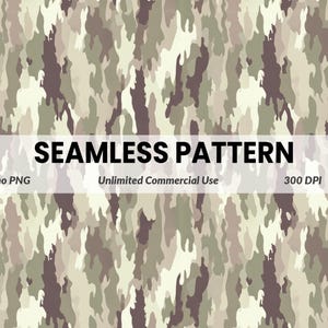 May include: A seamless camouflage pattern in shades of green, brown, and beige. The design features an abstract, organic shape repeated across the surface. The text "SEAMLESS PATTERN" is displayed in bold black letters.