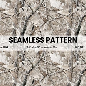 Può includere: Motivo mimetico senza cuciture con tonalità marroni, beige e grigie, che imita un ambiente forestale. Il design include rami e foglie, con il testo "SEAMLESS PATTERN" e altri dettagli.