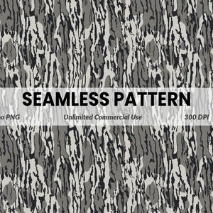 Op de afbeelding: Een naadloos camouflagepatroon in grijstinten, zwart en wit. Het ontwerp bevat verticale, organische vormen die lijken op boomschors of abstracte penseelstreken. De tekst "SEAMLESS PATTERN" wordt weergegeven.