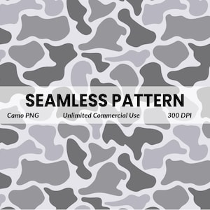 May include: A seamless camouflage pattern in shades of gray, featuring irregular, organic shapes. The design includes the text "SEAMLESS PATTERN", "Camo PNG", "Unlimited Commercial Use", and "300 DPI".