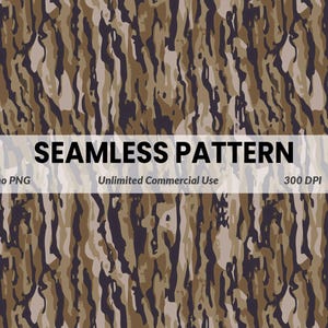 May include: Seamless camouflage pattern in shades of brown, tan, and dark gray. The design features vertical, organic shapes resembling tree bark. The image includes the text "SEAMLESS PATTERN", "Camo PNG", "Unlimited Commercial Use", and "300 DPI".