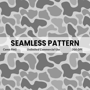May include: A seamless camouflage pattern in shades of gray. The design features irregular, organic shapes in varying tones, creating a textured effect. The text "SEAMLESS PATTERN" is displayed across the image, along with "Camo PNG", "Unlimited Commercial Use", and "300 DPI".
