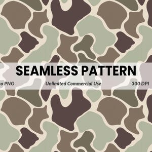 Puede incluir: Patrón de camuflaje sin costuras en tonos marrón, verde y beige. El diseño presenta formas orgánicas irregulares. La imagen incluye el texto "SEAMLESS PATTERN", "Camo PNG", "Unlimited Commercial Use" y "300 DPI".