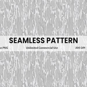 Könnte beinhalten: Ein nahtloses digitales Muster mit einem hellgrauen und weißen Tarnmuster mit vertikalen, organischen, rindenartigen Texturen. Das Bild enthält den Text SEAMLESS PATTERN, Camo PNG, Unlimited Commercial Use und 300 DPI in schwarzer Schrift.