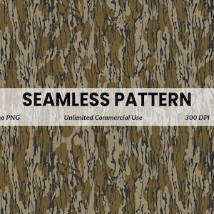 May include: Seamless pattern with a camouflage design in shades of brown, tan, and black. The pattern features vertical, organic shapes resembling tree bark. The text "SEAMLESS PATTERN" is displayed on a white banner.