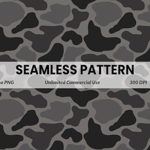Könnte beinhalten: Nahtloses Tarnmuster in Grau- und Schwarztönen. Das Design weist unregelmäßige, organische Formen auf, die einen gesprenkelten Effekt erzeugen. Der Text "SEAMLESS PATTERN" wird zusammen mit "Camo PNG", "Unlimited Commercial Use" und "300 DPI" auf dem Bild angezeigt.