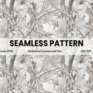 Op de afbeelding: Een naadloos camouflagepatroon in tinten wit en grijs, met een gedetailleerd ontwerp van takken en bladeren. De tekst "SEAMLESS PATTERN" wordt in vette zwarte letters over de afbeelding weergegeven, samen met "Camo PNG", "Unlimited Commercial Use" en "300 DPI".