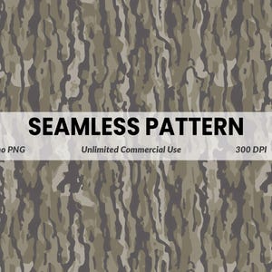 May include: Seamless camouflage pattern in shades of brown, gray, and green. The design features vertical, organic shapes resembling tree bark. The text "SEAMLESS PATTERN" is displayed across the image, along with "Camo PNG", "Unlimited Commercial Use", and "300 DPI".
