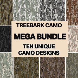 Könnte beinhalten: Eine digitale Sammlung von zehn Baumrinden-Tarnmustern in verschiedenen Farbpaletten, darunter Grün, Braun, Grau, Schwarz und Weiß. Der zentrale Text auf hellem Hintergrund lautet TREEBARK CAMO MEGA BUNDLE TEN UNIQUE CAMO DESIGNS.