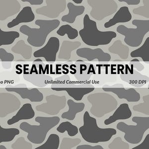 May include: A seamless camouflage pattern in shades of grey. The design features irregular, organic shapes in varying tones, creating a mottled effect. The text "SEAMLESS PATTERN" is displayed across the image, along with "Camo PNG", "Unlimited Commercial Use", and "300 DPI".