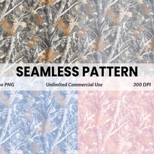 Op de afbeelding: Naadloos camouflagepatroon met bruine bladeren en takken op een grijze en witte achtergrond. De afbeelding bevat de tekst "SEAMLESS PATTERN" en extra tekst eronder.