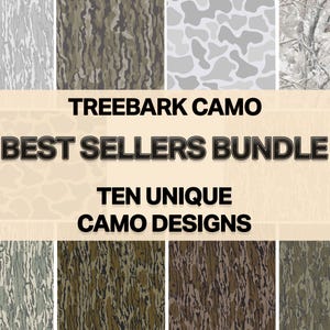 May include: A digital collection of ten distinct camouflage patterns featuring tree bark textures and organic shapes in shades of green, brown, gray, and white. The text reads TREEBARK CAMO BEST SELLERS BUNDLE TEN UNIQUE CAMO DESIGNS.