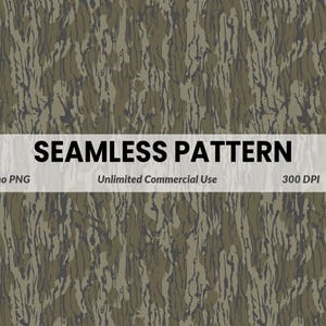 May include: Seamless camouflage pattern in shades of brown, green, and gray. The design features a textured, organic pattern resembling tree bark. The image includes the text "SEAMLESS PATTERN", "Camo PNG", "Unlimited Commercial Use", and "300 DPI".