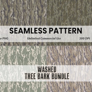 Puede incluir: Un gráfico digital que presenta cuatro patrones de camuflaje de corteza de árbol sin costuras en tonos marrones, verdes y grises. La imagen incluye el texto SEAMLESS PATTERN, Camo PNG, Unlimited Commercial Use, 300 DPI, WASHED TREE BARK BUNDLE.