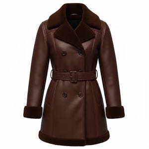 May include: A brown leather coat with a double-breasted design, featuring a faux fur collar, cuffs, and hem. The coat includes a matching belt and button closures. The coat is a classic outerwear piece.