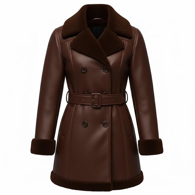 May include: A brown leather coat with a double-breasted design, featuring a faux fur collar, cuffs, and hem. The coat includes a matching belt and button closures. The coat is a classic outerwear piece.