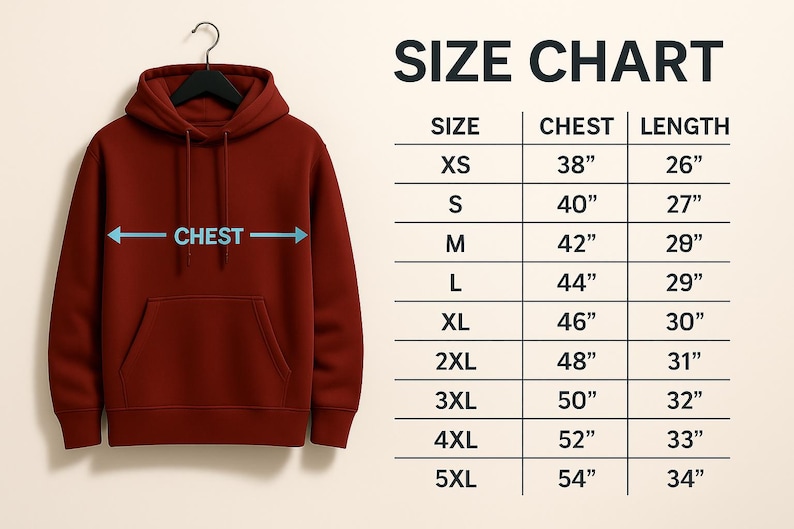K&ouml;nnte beinhalten: Ein weinroter Kapuzenpullover mit Fronttasche und Kapuze, h&auml;ngt an einem schwarzen Kleiderb&uuml;gel. Das Bild enth&auml;lt eine Gr&ouml;&szlig;entabelle mit Brust- und L&auml;ngenma&szlig;en in cm, von XS bis 5XL. Der Text "SIZE CHART" steht oben.