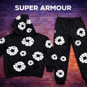 May include: A black hooded sweatshirt and matching sweatpants set featuring a repeating white circular graphic pattern. The text SUPER ARMOUR is printed in white at the top center of the image above the clothing items.