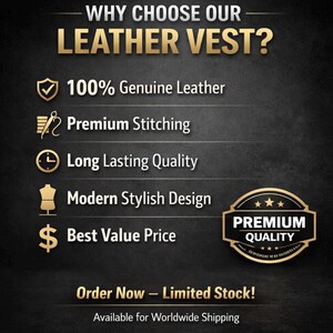 May include: Graphic promoting a leather vest, featuring text like "100% Genuine Leather" and "Premium Quality." The design includes icons and the phrase "Order Now - Limited Stock!"