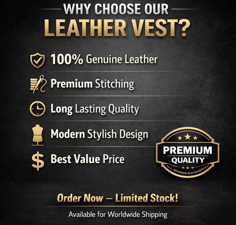 May include: Graphic promoting a leather vest, featuring text like "100% Genuine Leather" and "Premium Quality." The design includes icons and the phrase "Order Now - Limited Stock!"