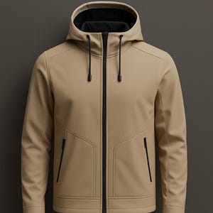 May include: A tan hooded jacket with a black zip and black drawstrings. The jacket features a black interior lining and two black zipped pockets. The text "SUPER ARMOUR" is displayed above the jacket.