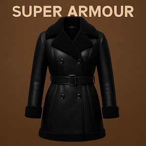May include: A black leather coat with a double-breasted design, featuring a belt at the waist and a shearling collar and cuffs. The text "SUPER ARMOUR" is displayed at the top. The coat has a classic, tailored look.