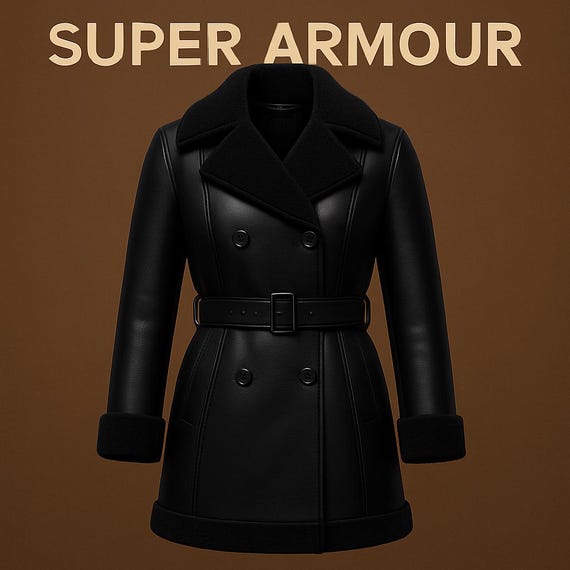 Women’s Long Leather Coat – Warm Winter Belted Shearling Jacket – Double Breasted Trench Style