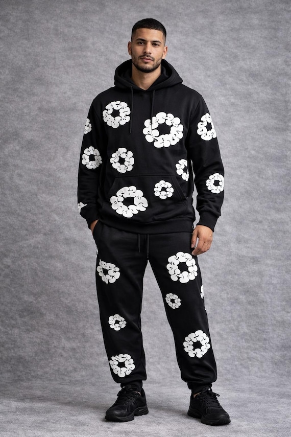 Men's Black Fleece Hoodie Jogger Set - Abstract Print Tracksuit