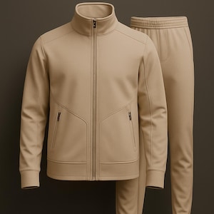 Könnte beinhalten: Beigefarbener Trainingsanzug, bestehend aus einer Jacke mit Reißverschluss und einer passenden Hose. Die Jacke hat einen hohen Kragen und zwei Reißverschlusstaschen. Der Text "SUPER ARMOUR" ist über dem Set zu sehen.