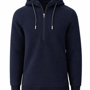 May include: Navy blue hooded sweatshirt with a half-zip closure. The sweatshirt features a drawstring hood and ribbed cuffs. The zipper has a silver-colored pull. A casual, comfortable garment for everyday wear.