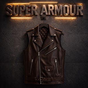 May include: A brown leather vest with a quilted lining, multiple zippered pockets, and a belt with a buckle. The vest hangs on a black hanger against a dark textured wall. The words "SUPER ARMOUR" are displayed above the vest.