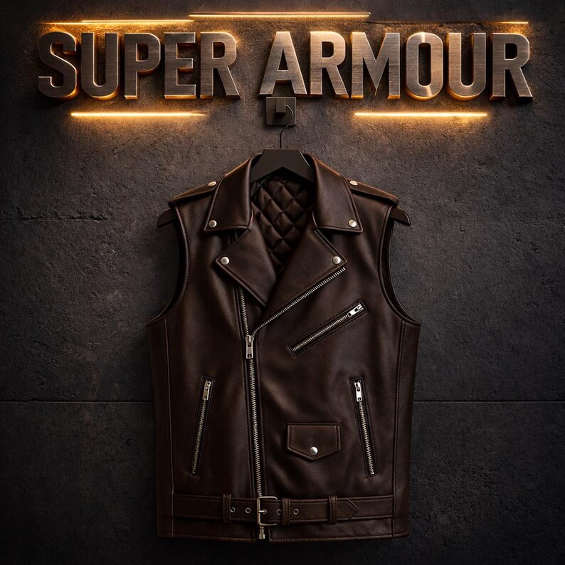May include: A brown leather vest with a quilted lining, multiple zippered pockets, and a belt with a buckle. The vest hangs on a black hanger against a dark textured wall. The words "SUPER ARMOUR" are displayed above the vest.