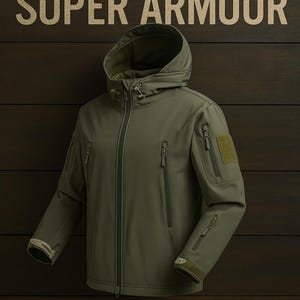 May include: An olive green hooded jacket with multiple zipped pockets and a patch on the upper arm. The jacket has a full-length zip and the words "SUPER ARMOUR" are printed in a gold colour above the jacket.