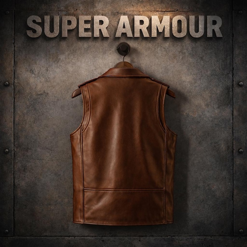 May include: A brown leather vest hangs on a wooden hanger against a textured metal wall. The words "SUPER ARMOUR" are displayed above the vest in a metallic font. The vest has a classic design with a collar and a horizontal seam across the lower back.