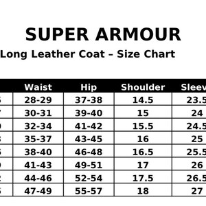 May include: Size chart for a Women's Long Leather Coat by Super Armour. The chart includes sizes S to 5XL, with measurements for bust, waist, hip, shoulder, sleeve, and coat length in inches. The text is in black on a white background.