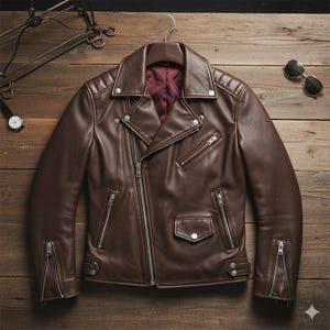May include: A brown leather jacket with a classic biker style. The jacket features a notched collar, multiple zippered pockets, and a diagonal zipper closure. The jacket is hanging on a wooden hanger against a wooden background.