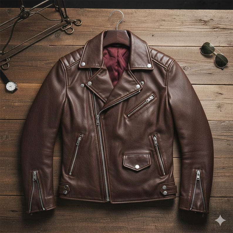 May include: A brown leather jacket with a classic biker style. The jacket features a notched collar, multiple zippered pockets, and a diagonal zipper closure. The jacket is hanging on a wooden hanger against a wooden background.